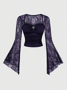 ROMWE Gothic Cross Lace Patchwork Square Neck Flare Sleeve Blouse, Purple - Navy Blue - View 1