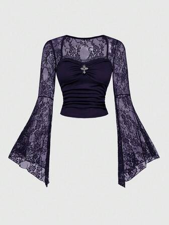 Goth Blusa con scollo quadrato, maniche a sbuffo, patchwork in pizzo e croce gotica, colore viola