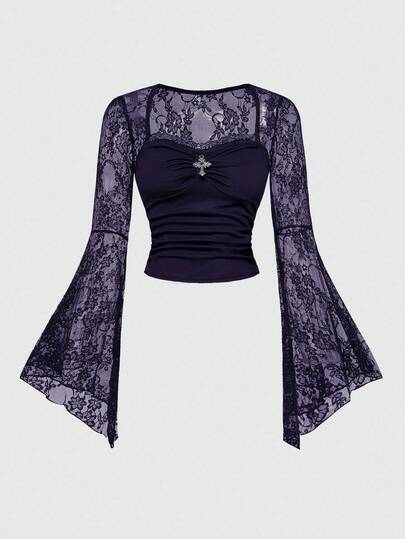Goth Blusa con scollo quadrato, maniche a sbuffo, patchwork in pizzo e croce gotica, colore viola