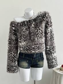 Comfortcana 女式全印花不对称领长袖仿皮草夹克，秋冬 - 彩色 - 查看 4