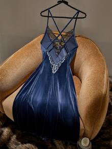 SilkySpell Women's Sexy Velvet Contrast Lace Backless Criss-Cross Hollow Out Camisole Nightgown Long Night Dress Momo Dress Night Gown Blue Lingerie Dress Backless Dress - Dusty Blue - View 4