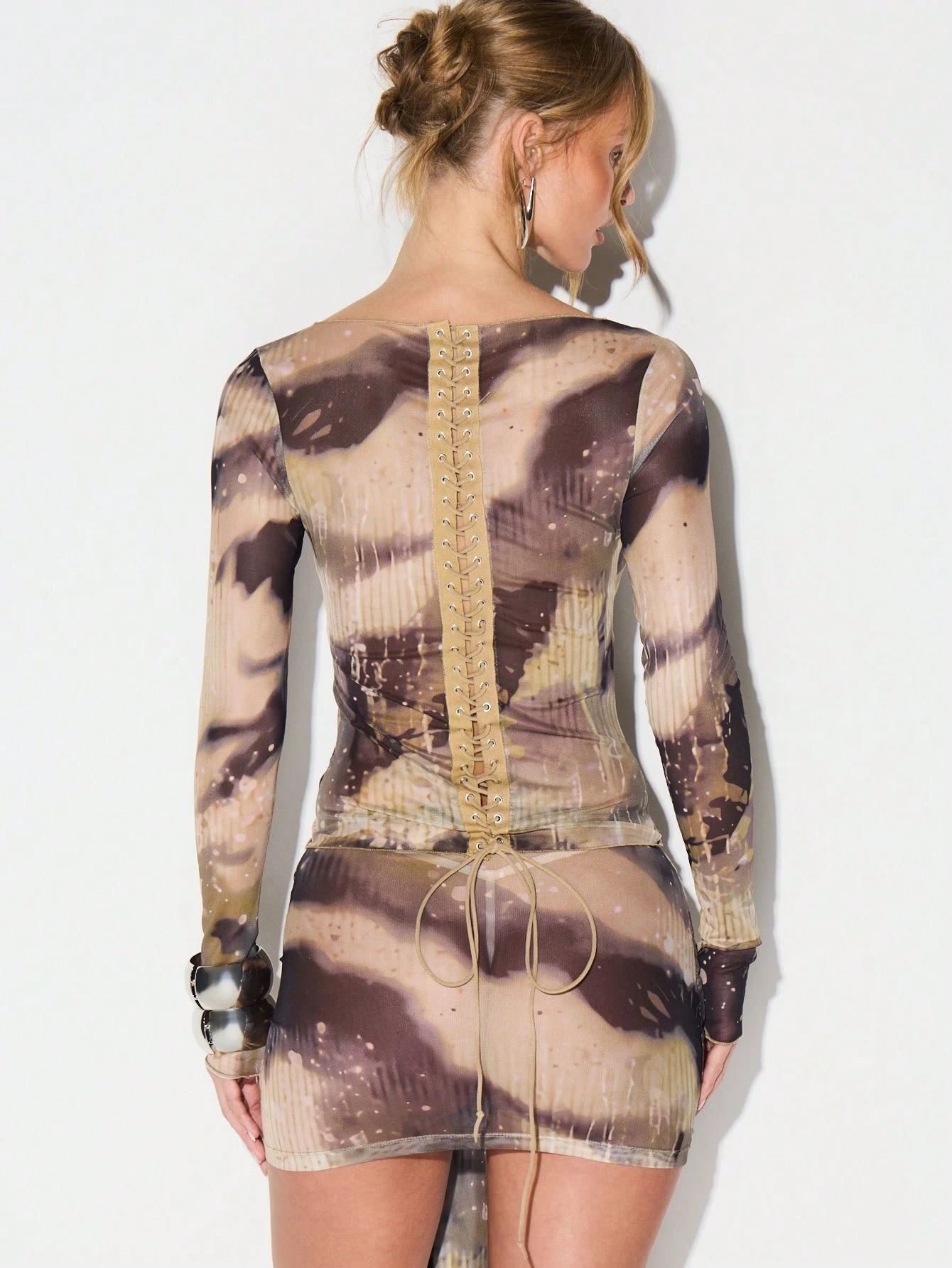 KIZN Sheer Mesh Top With Lace Up Back