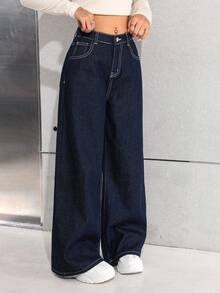 SHEIN 少女时尚休闲 Y2K 复古酷炫街头风，适合返校、大学、秋冬季节穿着。深蓝色牛仔布，抓绒鞋底，保暖舒适，宽松柔软，日常穿着舒适，也适合秋冬季节、锐舞派对和街头服饰。 - 藍色 - 查看 5