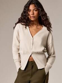 AiiRZ Women Cinched Waist Button Up Cardigan Fall Winter Casual Long Sleeve V Neck Ribbed Knit Sweater Classic Basic Layering Top Cozy Elegant Office Wear - Grey - View 1