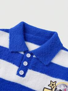 ROMWE MEN Men's Preppy Embroidered Graphic Striped Long Sleeve Sweater, Winter - Blue - View 3