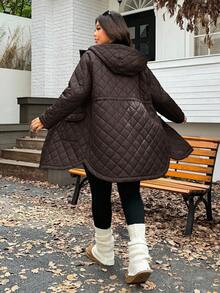 SHEIN EZwear 新款休闲连帽绗缝复合面料保暖可调节腰围长袖中长款宽松加大码加厚外套，适合外出、日常、聚会、约会等多种场合。 - 巧克力棕 - 查看 7