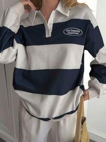 Livesso 女士休闲条纹印花套头卫衣，秋冬季 Y2K 款式 - 藍白色 - 查看 6