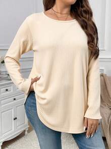 Firerie Plus Size Women's Solid Color Round Neck Long Sleeve Ribbed Casual Loose T-Shirt - Apricot - View 3