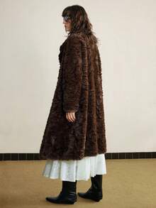 Ontre 新款女士仿皮草外套，派对、新年夹克，女士纯色长袖宽松休闲仿皮草外套，感恩节、圣诞节、平安夜皆宜，简约优雅，都市时尚，通勤百搭 - 咖啡棕 - 查看 3