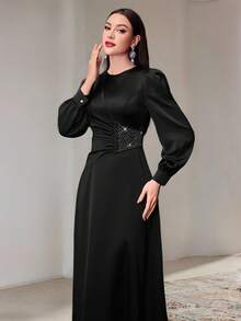 Modelyn 女士纯色简约日常长袖连衣裙长款晚礼服 - 黑色 - 查看 6