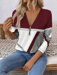 EMERY ROSE Women Casual Autumn/Winter Long Sleeve T-Shirt With Half-Zipper Neckline, Geometric Print Graphic Tees Women Tops For Spring