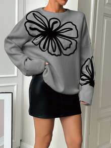 SHEIN Cottnline Women's Plus Size Floral Embroidery Round Neck Pullover Sweater, Autumn/Winter - Light Grey - View 4