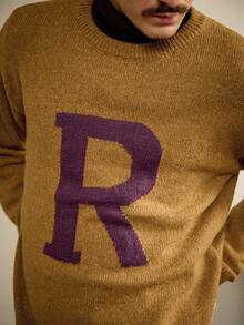 RivetRise 男士休闲字母图案圆领宽松长袖毛衣，秋冬字母针织衫，棕色毛衣，70年代风格 - 銅色 - 查看 2