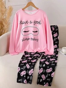 2 件套女童青少年可爱印花长袖上衣和裤子睡衣套装，秋冬休闲家居服 - 粉色 - 查看 1