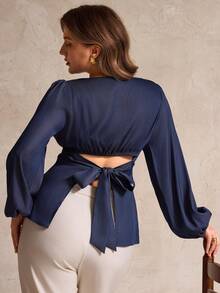 Elegantrix Plus Size Women's Autumn/Winter Casual Denim Shirt With Bowknot Back Design - Navy Blue - View 5