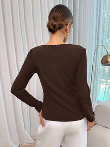 Lavishia Black Knit Square Neck Collar Long Sleeve Rose Gold Button Decor Fitted Women Shirt, Fashionable For Commuting - Coffee Brown - View 2