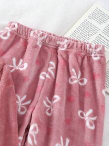 Genkimix Kids Girls' White Bow Decor Pink Long Sleeve Top & Butterfly Print Plush Pants Pajama Set Soft Pajamas Set Girls Lounge Set Tween Lounge Set Sweat Sets Tweens Comfy - Pink - View 6