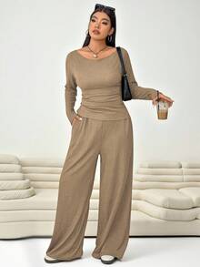 Solflare 2 Pieces Textured Plus Size Khaki Solid Color Slim Fit Casual Outfit, Stylish Daily Wear - Khaki - View 5