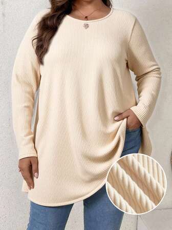 Firerie Plus Size Women's Solid Color Round Neck Long Sleeve Ribbed Casual Loose T-Shirt