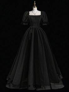 Sweetra 加大码纯色方领优雅奢华浪漫法式长裙 - 黑色 - 查看 1