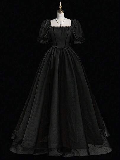 Sweetra Plus Size Solid Color Square Neck Elegant Luxurious Romantic French Style Long Dress