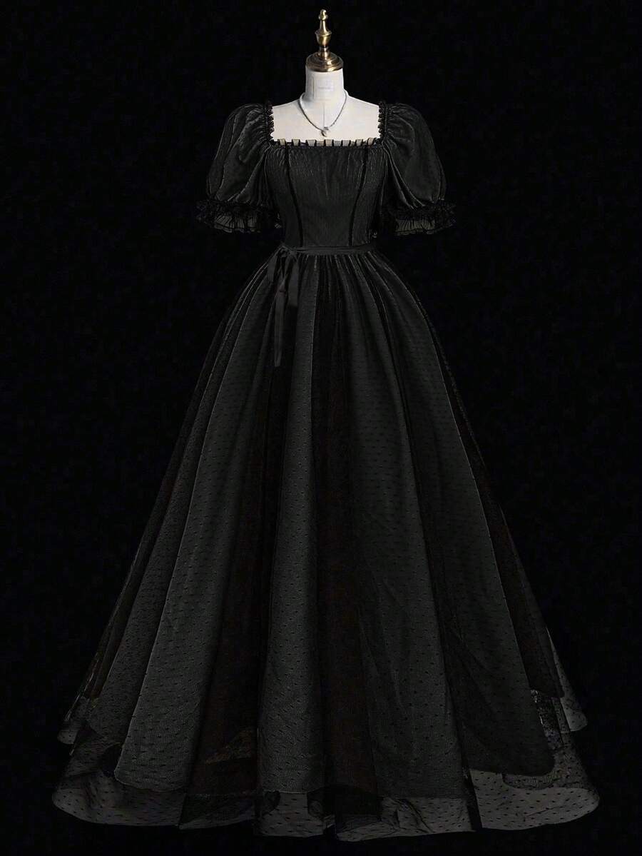 Sweetra 加大码纯色方领优雅奢华浪漫法式长裙 - 黑色 - 查看 1