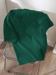 Manfinity Joysei Olive Green Branded Men's Letter Embossed Crew Neck Short Sleeve Casual Slim Fit T-Shirt Green T Shirt - Dark Green - View 4
