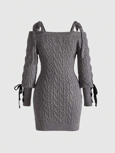 Kawaii Robe de Noël pour femmes avec épaules dénudées, manches bouffantes et décoration de nœud mignon aux poignets