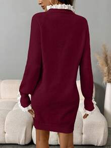SHEIN LUNE 女式休闲刺绣立领长袖针织连衣裙，秋冬 - 紅色 - 查看 2