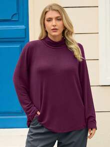 EMERY ROSE Tricou cu guler înalt, culoare solidă, casual, versatil, mărime plus, toamnă/iarnă - Violet Roșu - Vizualizare 4