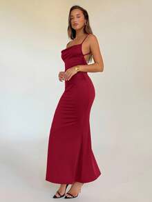 Aloruh Đầm dạ hội gợi cảm cho nữ, Đầm maxi đuôi cá hở lưng phối ren cổ khoét sâu màu trơn dự tiệc - Màu Đỏ Sâu - Xem 6
