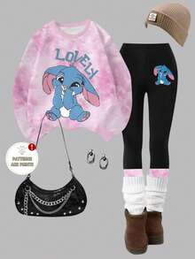 SHEIN Explorewe 1 套青少年女孩休闲时尚甜美可爱扎染卡通兔子印花圆领长袖运动衫和紧身裤套装，舒适的秋冬款式 - 彩色 - 查看 3