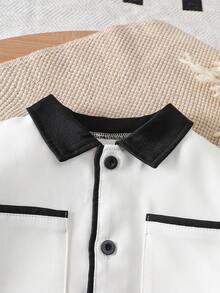 2pcs/Set Girls' Colorblock Short Blazer Jacket + Pleated Mini Skirt Outfit - Black and White - View 4