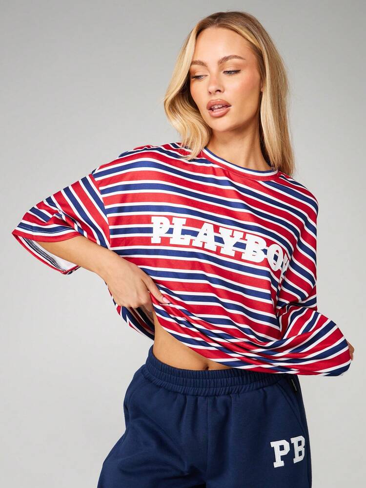 Missguided x Playboy Oversized Horizontal Striped T-Shirt With Short Sleeves And Crew Neck