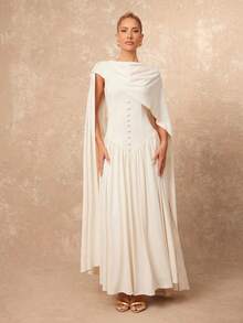 Lumalex 早春女士超长连衣裙，披肩领设计，收腰褶皱细节，裙摆呈喇叭形，尽显奢华气质，适合舞会、聚会、宴会、低调奢华、闪耀夺目的节日派对、锐舞音乐节、郊游、度假、户外活动、婚礼季、宴会、圣诞节、新年等各种场合，是秋季和早春派对、晚宴、晚会等场合的理想之选。 - 白色 - 查看 5