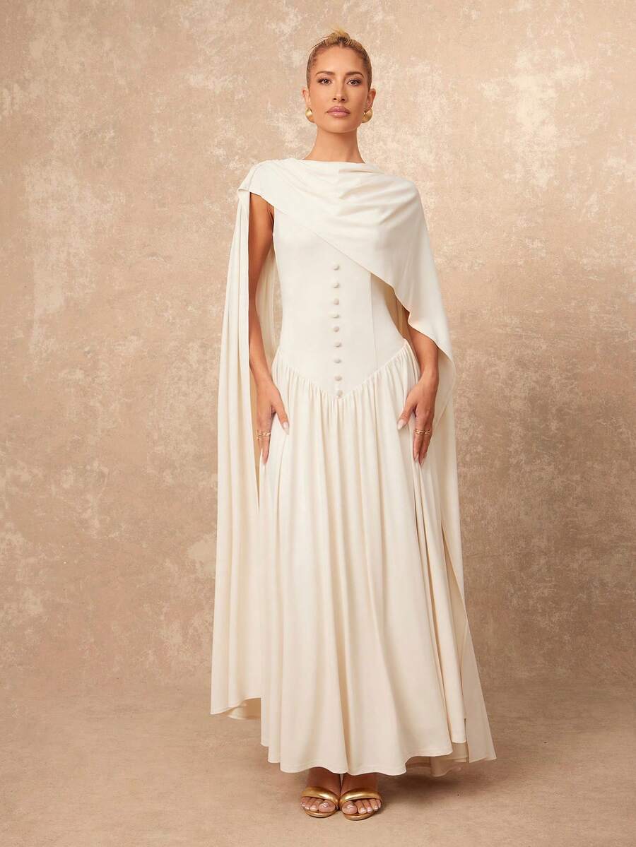 Lumalex 早春女士超长连衣裙，披肩领设计，收腰褶皱细节，裙摆呈喇叭形，尽显奢华气质，适合舞会、聚会、宴会、低调奢华、闪耀夺目的节日派对、锐舞音乐节、郊游、度假、户外活动、婚礼季、宴会、圣诞节、新年等各种场合，是秋季和早春派对、晚宴、晚会等场合的理想之选。