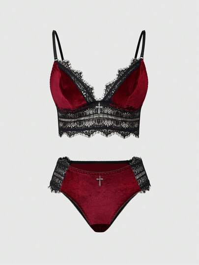 Women's Gothic Cross Decor Velvet & Contrast Lace Triangle Cup Bra & Panty Lingerie Set