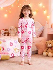 Young Girl' Minimalist Cute Pink Donut Print Long Sleeve Jumpsuit Loungewear