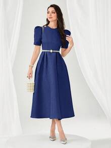 Modelyn Women's Solid Color Round Neck Puff Sleeve Elegant Long Dress - Navy Blue - View 3