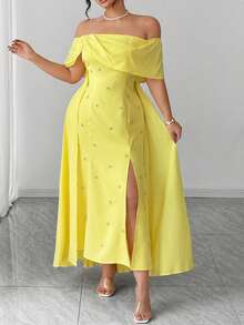 SHEIN PETITE CURVE Plus Size Women's Elegant Modest Formal Butter Yellow Summer Off-Shoulder Poncho Maxi Dress,High Slit Fishtail Hem Party Teacher Outfit - Yellow - View 5
