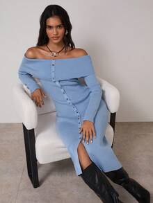 COSMINA Vestido de punto ajustado de unicolor con hombros descubiertos para mujer, para otoño/invierno - Azul - Ver 6