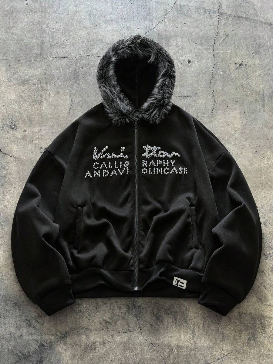 NEON BLANC 男士时尚串珠连帽卫衣，带人造毛领，适合秋冬季 - 黑色 - 查看 1