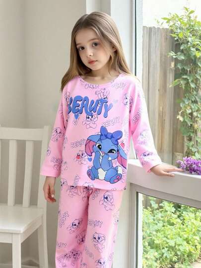 SHEIN Playful Pals 女童可爱蓝色兔子和字母印花粉色 2 件套，可爱、活泼、俏皮风格，柔软、舒适、宽松长袖上衣和裤子，针织面料，家居服