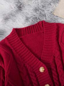 青少年女孩休闲针织长袖开衫上衣 - 紅色 - 查看 4