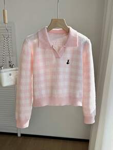 SHEIN 少女粉色V领长袖针织毛衣，优雅刺绣图案，舒适百搭 - 粉色 - 查看 4