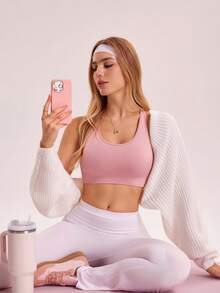 Gameset SHEIN Sport 女士纯色交叉后背设计日常健身运动文胸 - 粉色 - 查看 2