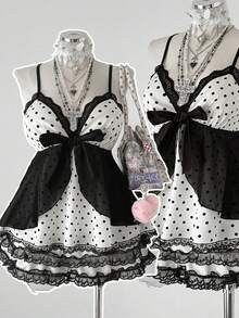 Sunspun Plus Size Women Polka Dot Patchwork Lace Bow Camisole Kawaii Alt Cute - Black and White - View 1