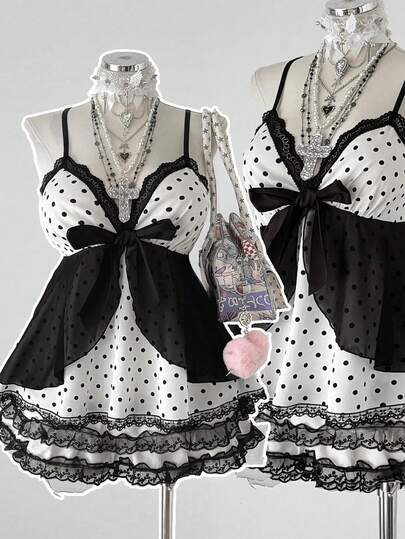 Sunspun Plus Size Women Polka Dot Patchwork Lace Bow Camisole Kawaii Alt Cute