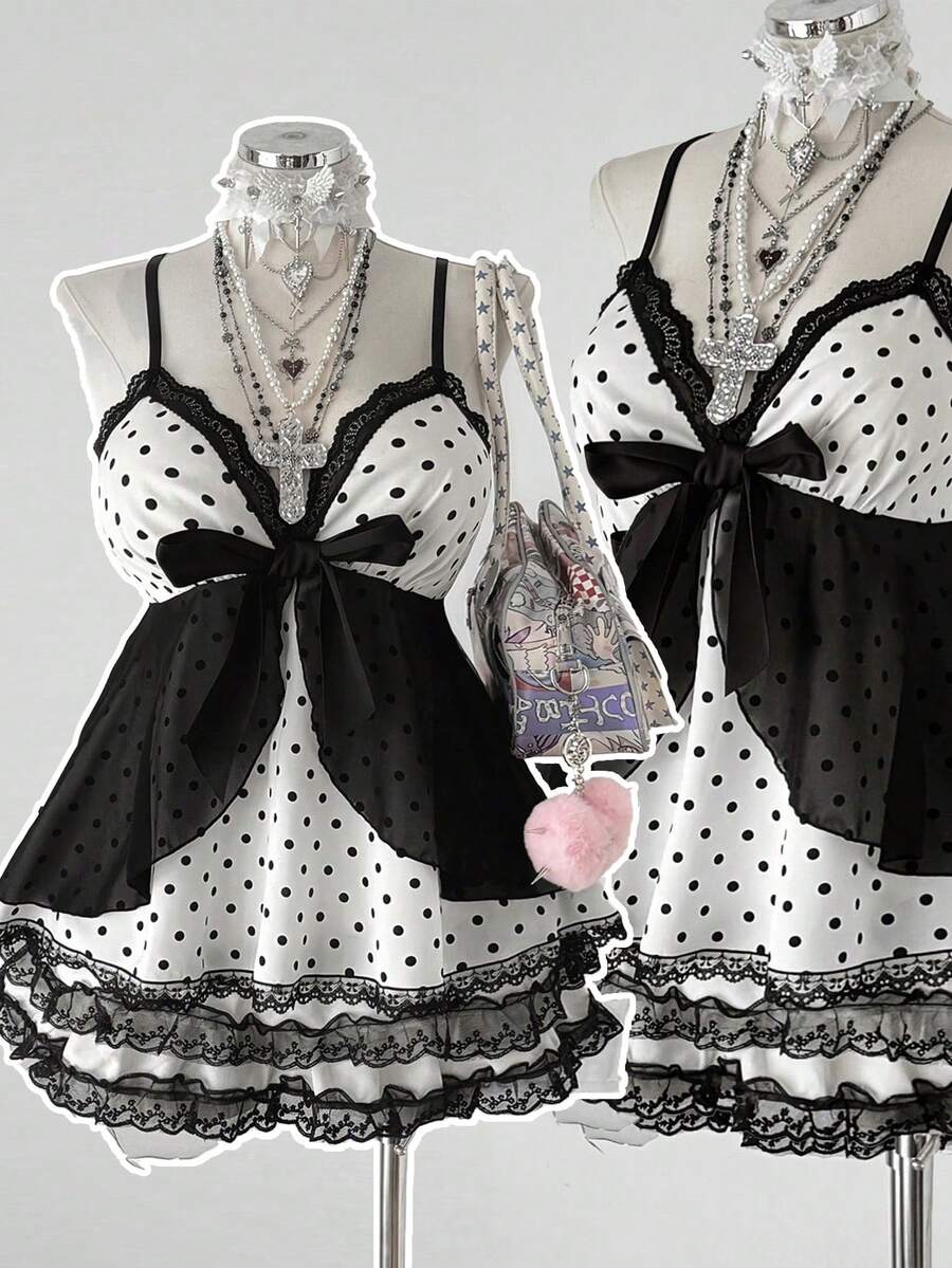 Sunspun Plus Size Women Polka Dot Patchwork Lace Bow Camisole Kawaii Alt Cute - Black and White - View 1