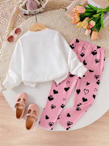 小女孩可爱日常穿搭，猫咪印花发箍，圆领长袖白色上衣，粉色爱心印花黑色裤子，儿童秋季休闲装 - 白色 - 查看 2